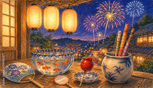 Japanese Summer Festival Night Scene Illustration, Colored Pencil Drawing of Lanterns Goldfish Fireworks and Traditional Items, Matsuri Concept
