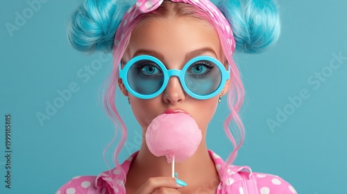 Colorful portrait of playful woman with blue hair and sunglasses eating pink cotton candy on pastel blue background, fun fashion concept with copy space.