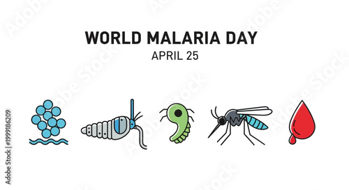 World Malaria Day icons, mosquito, malaria awareness, disease prevention, health symbols