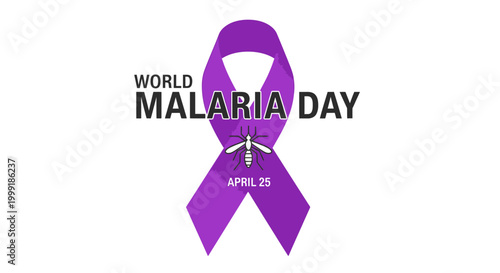 World Malaria Day, purple awareness ribbon, April 25, health campaign symbol, vector icon