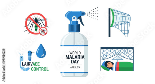 World Malaria Day, mosquito spray bottle, insect control icons, larva free, malaria awareness