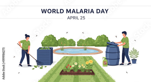 World Malaria Day, mosquito prevention, garden protection, vector illustration