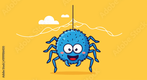 A blue spider with a cheerful face hangs from a web