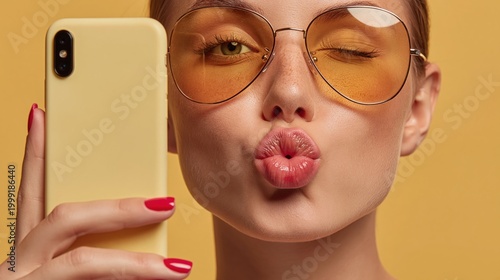 Close up portrait of young woman taking selfie with smartphone, kissing lips and winking in trendy sunglasses on yellow background.