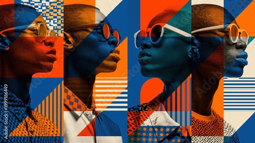 Modern abstract portrait collage of stylish person in sunglasses with bold geometric shapes in orange and blue, contemporary art background for creative design.