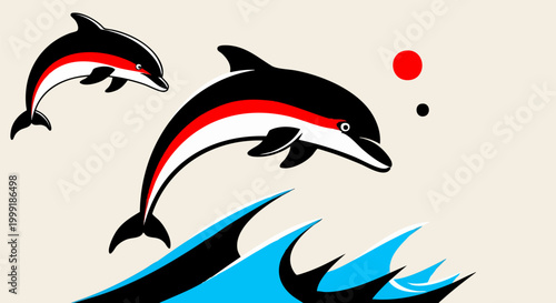 Retro dolphin vector illustration, jumping dolphins in ocean waves, vintage marine life graphic with red sun and blue sea water ripples