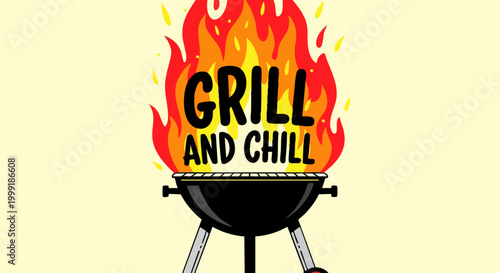 Retro BBQ grill and chill vector illustration, vintage barbecue party poster with fire flames, summer cookout event graphic with charcoal grill