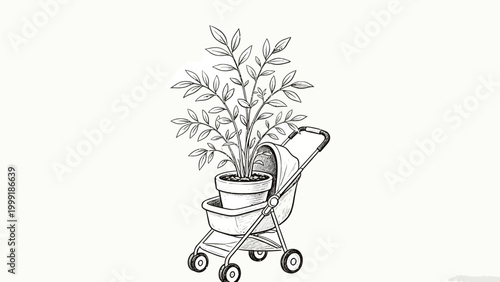 Pencil Sketch Surreal Concept Art of a Potted Leafy House Plant Placed in an Infant Stroller, Minimalist Monochromatic Line Drawing on Plain White Background
