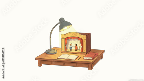 Whimsical Illustration of a Miniature Theater Staged Inside a Book, Lit by a Desk Lamp on a Wooden Table, With Two Characters Performing Under Warm Light