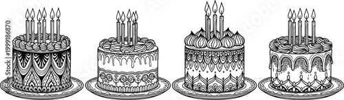Birthday Cake Illustration Set with Candles and Decorative Patterns for Celebration, Dessert, and Party Designs