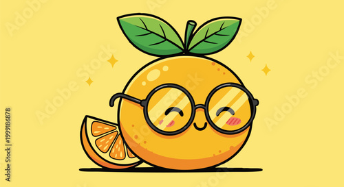 Kawaii orange fruit character wearing glasses, cute citrus mascot with happy face, vibrant orange vector illustration for kids branding and stickers