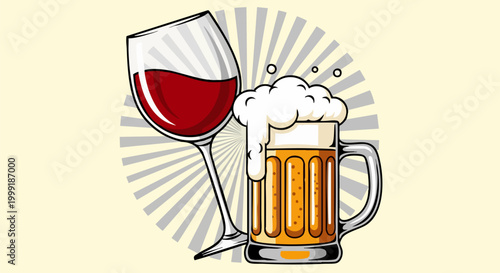 Retro beer mug and red wine glass illustration, vintage alcoholic beverage vector art, pub and bar menu drinks graphic with sunburst background