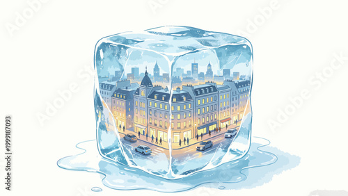 Surreal Watercolor Illustration of a Melting Ice Cube Encasing a Full European City Streetscape, Featuring Warm-Lit Urban Buildings and City Life Preserved in Frozen Transparent Ice