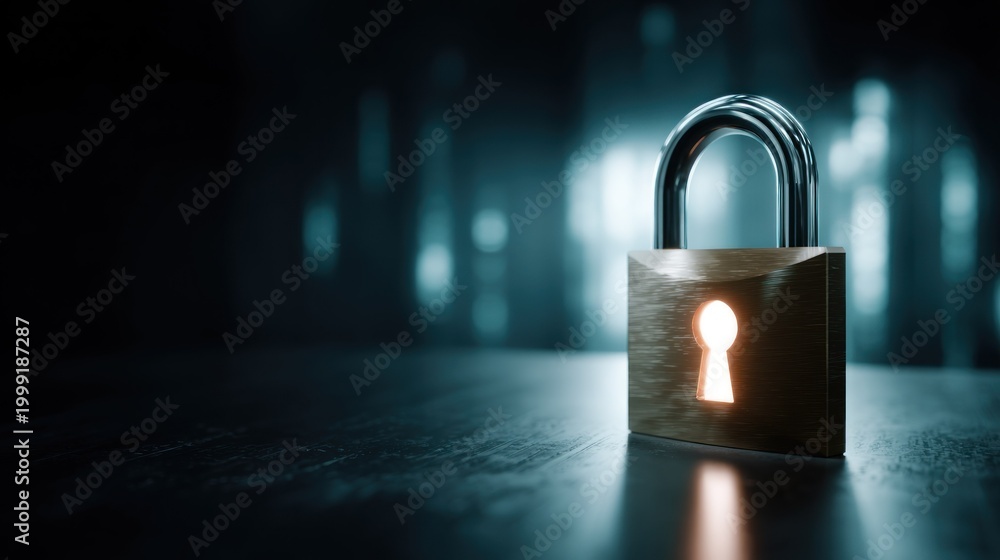 Fototapeta premium Metallic padlock rests on a dark surface with an illuminated keyhole against a cool, blurred background