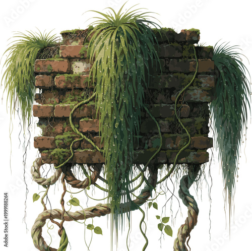 Create a realistic green grass Green climbing vines hanging over an old brick wall, creating a natural and rustic background for eco and botanical design concepts. vector art with white background..