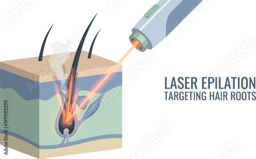 Create a realistic Laser burns hair roots, ensuring effective hair removal process. 3D rendering vector art with white background..