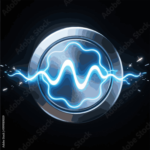 Create a realistic Energy button with energy waves on black background - 3d rendering vector art .