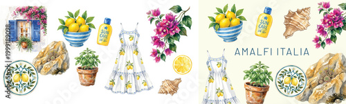 Amalfi Italia Watercolor Clipart Set — Bougainvillea, Lemon Bowl, Dress, Herb Pot, Seashell, Mediterranean Summer