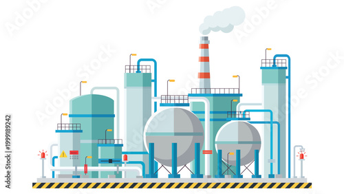 Industrial refinery facility with tanks pipes and control units showing production process safety system hazard warning and energy industry infrastructure