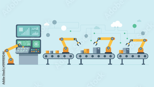 Smart factory production line with robotic arms conveyor belts and digital dashboard showing automated manufacturing process industry technology and data control