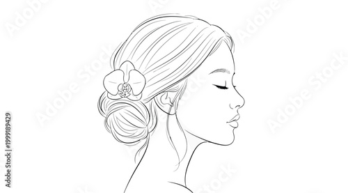 Elegant line art drawing of a woman with an orchid flower in her hair
