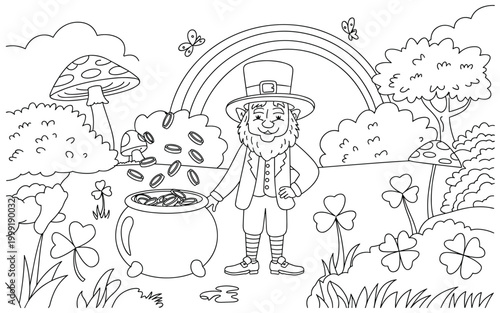 Farmer in overalls standing in a field with a pitchfork and animals