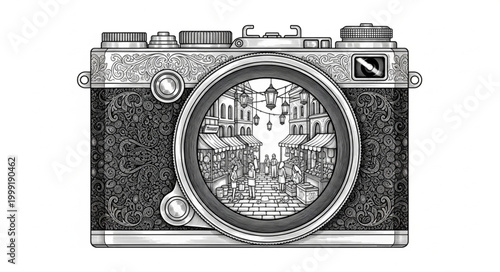 Detailed Vintage Camera Line Art 