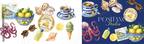 Positano Italia Watercolor Clipart Set — Octopus, Lemon Bowl, Coffee, Limoncello, Seashell, Sunglasses Summer