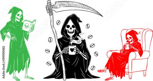 Grim Reaper skeleton character set, funny death mascot drinking coffee and reading, dark humor grim reaper vector illustrations for apparel