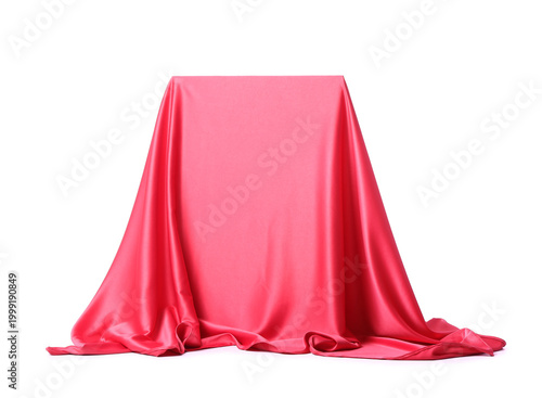 Tablou pe pânză Red velvet curtain covering something on white background