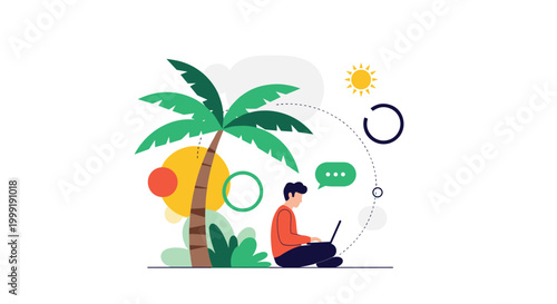 Digital nomad working on a laptop while sitting on the grass under a palm tree in a warm tropical outdoor environment.