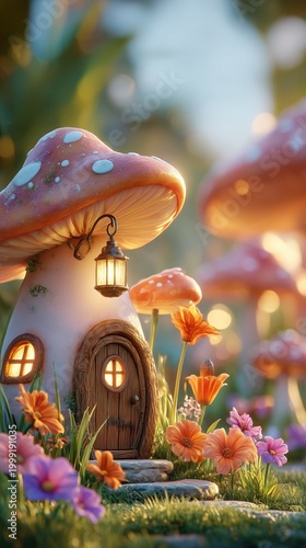 Fantasy Mushroom House with Lantern in Magical Garden