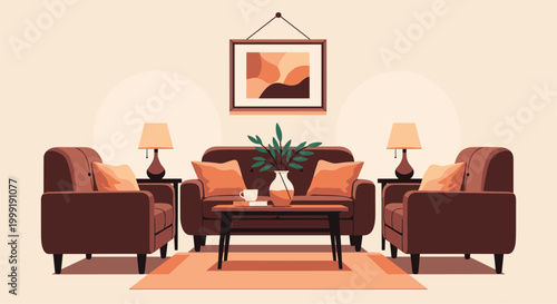 Elegant and comfortable living room interior featuring a brown sofa, matching armchairs, lamps, and a framed piece of art.