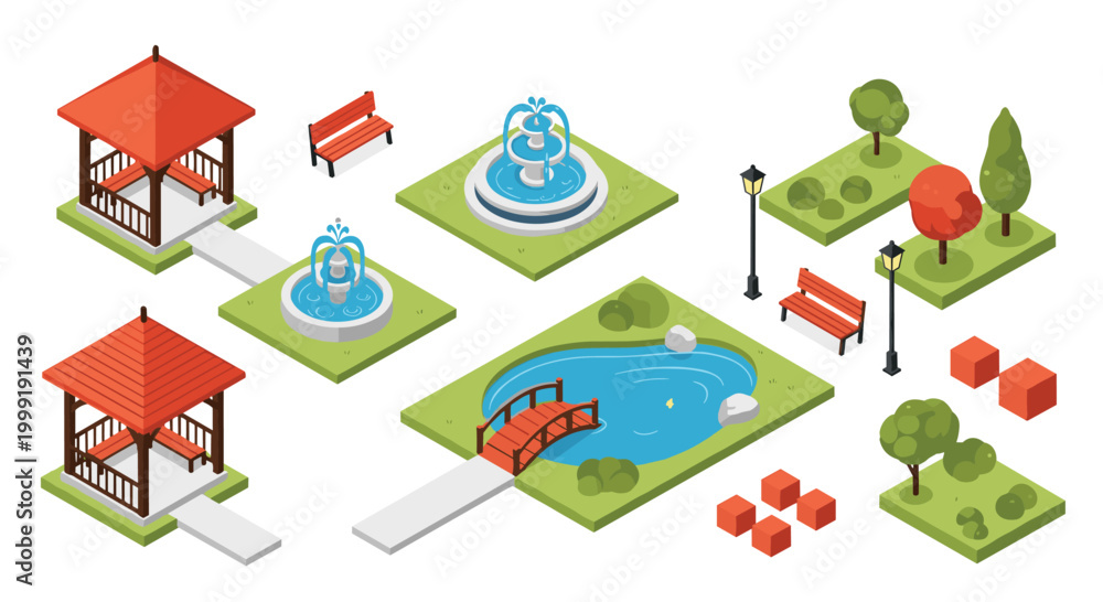 Fototapeta premium Large collection of isometric park elements including gazebos, fountains, a pond with a bridge, benches, and green trees.
