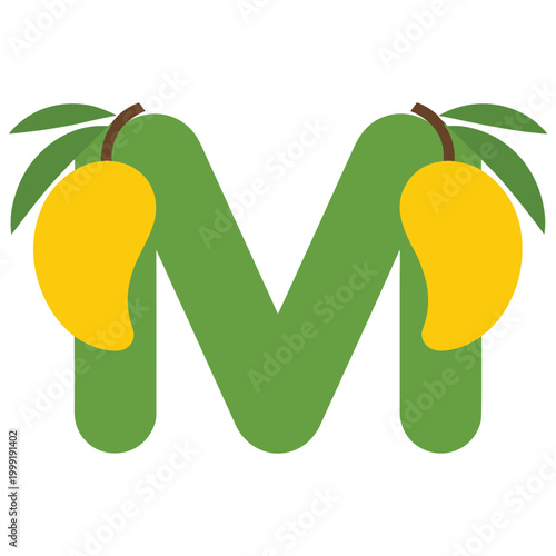 Two yellow mango with yellow flesh and dark green leaves on white background