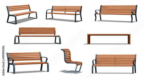 Collection of various wooden park benches with different designs and dark metal legs for outdoor public seating areas.