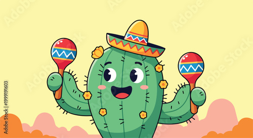 A cartoon cactus in a sombrero holding maracas