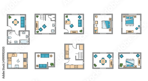 Set of architectural floor plan icons showing various room layouts for living rooms, bedrooms, kitchens, and bathrooms.