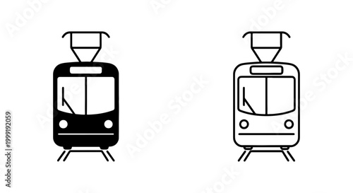 Vector illustration of two tram or train front views in black and white