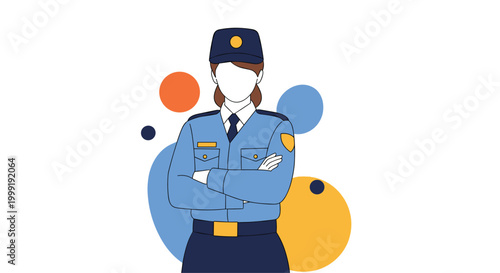 Confident female police officer in a blue uniform with her arms crossed standing against a colorful abstract background.