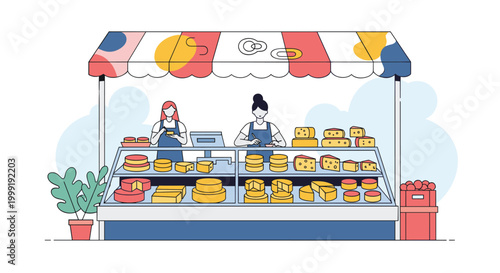 Market stall with two women selling a wide variety of artisanal cheeses displayed behind a glass counter under an awning.