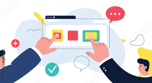 Two hands interacting with a digital interface on a screen showing colorful square buttons and feedback icons.