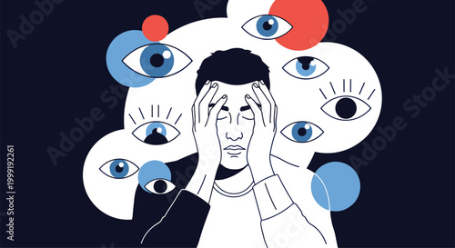 Stressed young man suffering from anxiety and intense social pressure while being watched by many curious and judging eyes.