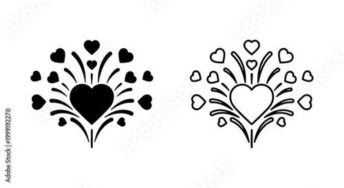 Black and white heart designs with various sized hearts exploding