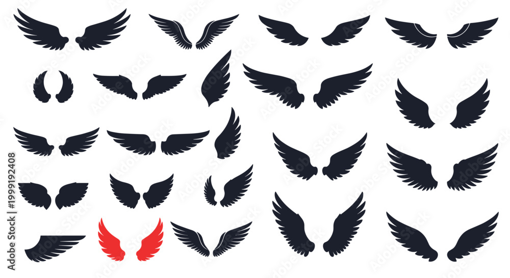 Fototapeta premium Diverse collection of bird and angel wings silhouettes in many different shapes and sizes including one pair in red.