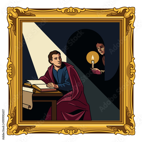 Classic oil painting with dramatic lighting in ornate frame museum masterpiece concept of art history and chiaroscuro