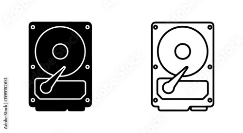 Two hard disk drives in black and white line art styles side by side