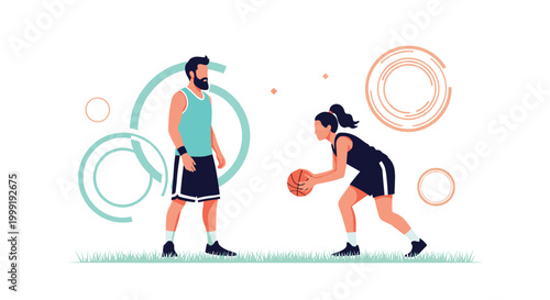 Athletic man and woman practicing basketball together on a green field with decorative blue and orange geometric circles.