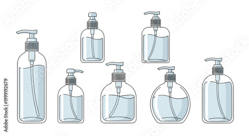 Set of different transparent plastic soap dispenser bottles with blue liquid soap and various pump mechanisms.