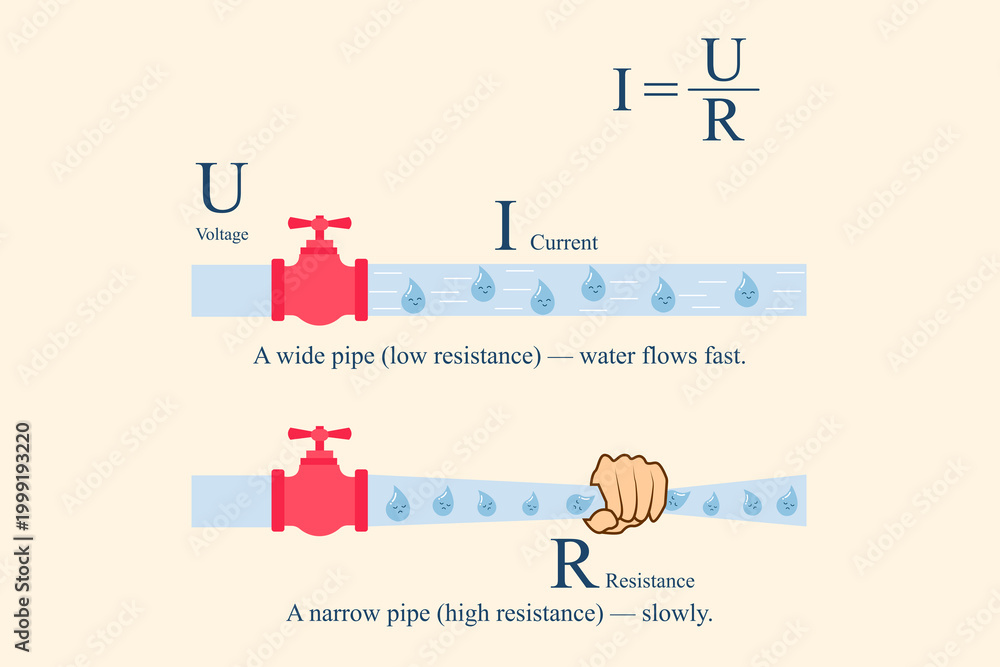 Φωτογραφία Cute cartoon illustration of Ohm's law using water pipe analogy showing wide and narrow pipes with taps explaining voltage, current and resistance